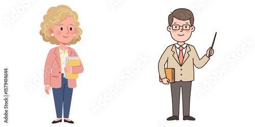 Cartoon school principal and teacher with books and pointer  no background, isolated set