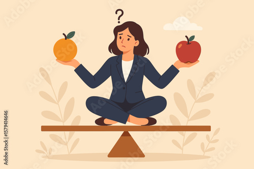 Business woman compares apples and oranges. Metaphor for decision making, weighing options, and choosing alternatives. Dilemma, doubt, and thoughtful comparison concept vector.