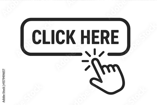 Click here button with hand pointer cursor icon. Clickable web sign for website, app, buy now, or register. Action bar graphic element with finger clicking isolated vector.