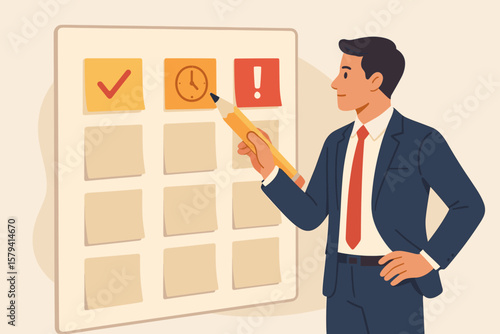 Businessman prioritizing tasks on a planning board. Project management concept of sorting important and urgent work. Workflow organization for business success and productivity.