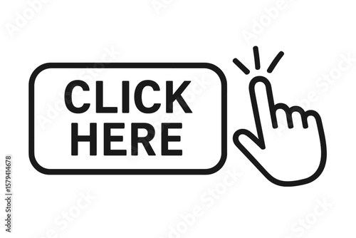 Hand cursor clicks here button. Pointer finger icon for web UI. Click here sign for website navigation. Call to action CTA for buy, submit, download, register. Isolated vector.