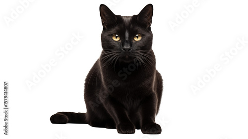 Sleek black cat with golden eyes sits elegantly against a dark, transparent background, showcasing feline grace and beauty.