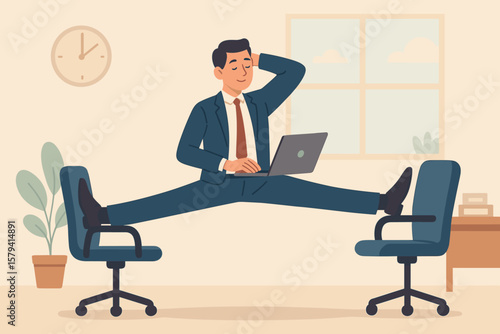 Flexible work concept, business flexibility, multitasking businessman in suit working on laptop, stretching across office chairs, time management, productivity, workplace balance