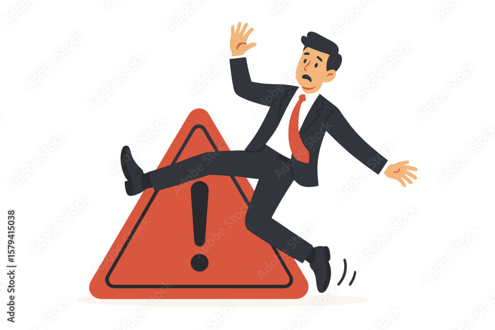 Fototapeta premium Business Risk Warning Concept. Cautious Businessman Slipping Falling on Caution Sign. Failure Prevention, Danger Alert, Mistake, Problem, Hazard, Exclamation Symbol, Safety Advice