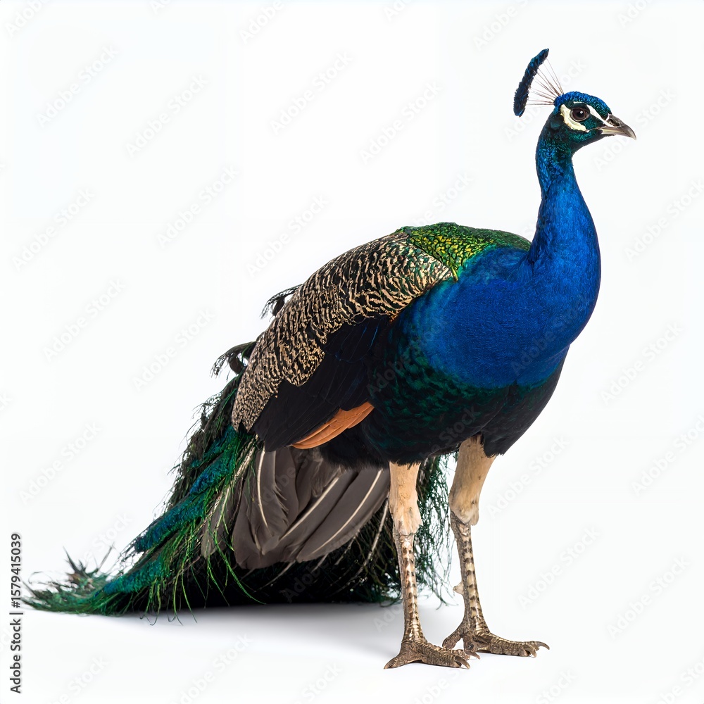 Naklejka premium Majestic peacock showcasing vibrant plumage with elegant pose, isolated on white background