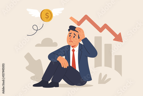 Financial loss, bankruptcy, debt crisis, recession, economic downturn concept. Sad businessman in suit, falling graph, flying money, investment mistake, business failure, hopelessness