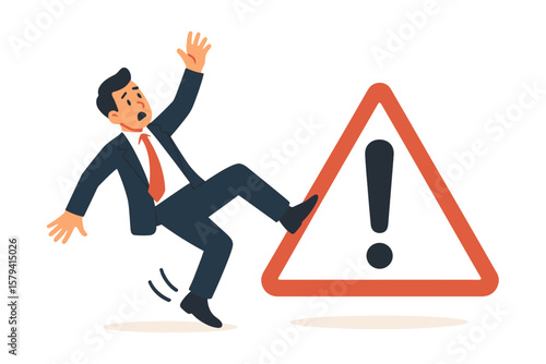 Businessman slipping near warning sign. Caution, risk management, mistake, danger, accident prevention, workplace safety, failure, hazard alert, exclamation symbol concept.