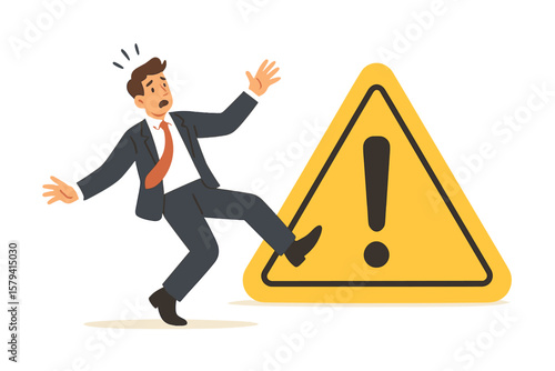 Business risk caution warning concept. Surprised businessman slipping near danger exclamation sign. Mistake prevention, workplace hazard, failure avoidance, be careful alert.