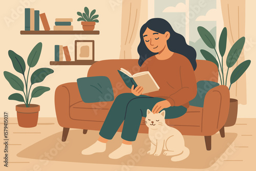 Cozy home reading scene with woman relaxing on sofa, petting cat, reading book, surrounded by houseplants, bookshelf, modern living room interior, peaceful leisure lifestyle