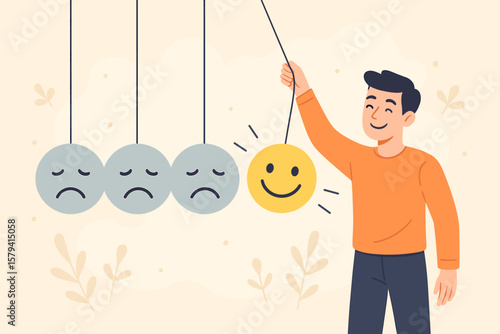 Positive thinking concept, emotional intelligence, happiness inspiration, man holding smiling face pendulum among sad faces, mental health, mood balance, optimism metaphor