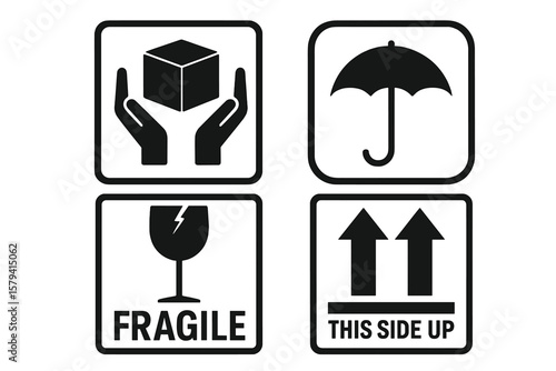 Fragile Package Handling and Shipping Warning Symbols Set – Logistics Delivery Icons, Handle With Care, Umbrella, Broken Glass, This Side Up, Cargo Safety Labels