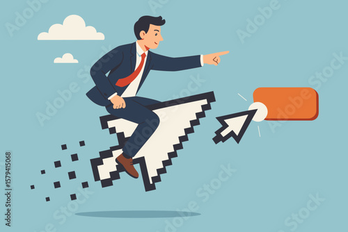 Digital Marketing Success Concept, Businessman Riding Pixel Mouse Cursor, Online Advertising, SEO, Click Through Rate, Social Media Marketing, Search Engine Optimization, Business Growth