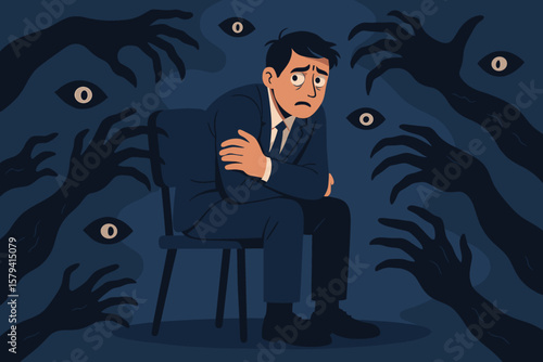Paranoia, fear, panic, and anxiety concept. Businessman sitting alone surrounded by dark hands and eyes. Mental health, phobia, depression, stress, psychological disorder illustration.