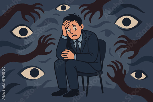 Paranoia anxiety fear concept. Businessman overwhelmed by stress, mental health disorder, phobia, depression, panic attack. Surrounded by eyes and grasping hands illustration