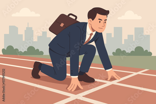 Confident businessman in suit at starting line on running track, career competition, business challenge, motivation, job opportunity, readiness, ambition, professional success concept