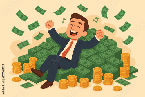 Wealthy businessman celebrating financial success, happy man in suit relaxing on pile of cash and gold coins, investment profit, FIRE, financial independence, prosperity concept