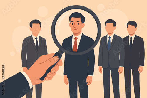 Human resources recruitment concept. Employer hand holding magnifying glass selecting candidate. Head hunting, job vacancy, talent search, business hiring, choosing best employee