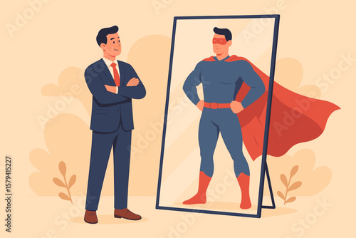 Businessman Looking in Mirror Sees Superhero Reflection. Self Confidence, Self Esteem, Motivation, Ambition, Positive Attitude, Success, Determination, Achieving Goals Concept