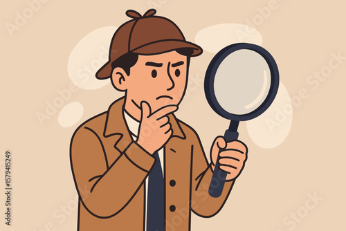 Detective investigation concept. Curious man in trench coat and deerstalker hat holding magnifying glass. Search, discover, analyze, research, insight, information, mystery, inquiry