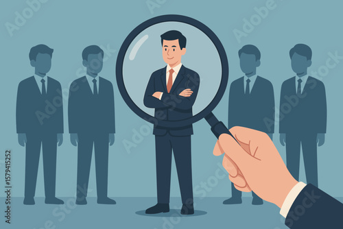 Recruitment headhunting concept, HR searching best candidate, magnifying glass choosing talent, job vacancy selection, business hiring process, employer evaluating applicants