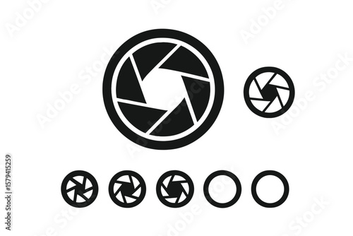 Camera Lens Aperture Diaphragm Set. Photo Camera Shutter Silhouette Icons. Lens Aperture Pictogram Collection. Lomography Film Lens, Snap Optics, Objective Elements, Photography Symbols