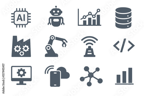 Industry 4.0 Technology Icon Set. Artificial Intelligence, Robotics, Data Analytics, Database, 5G, IoT, Automation, Programming, Smart Factory, Digital Transformation, Connectivity