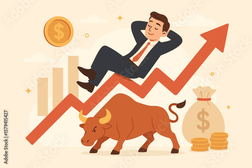 Business Success, Career Growth, Bull Market, Stock Market Investment, Financial Profit, Wealth, Money, Businessman Riding Upward Arrow, Economic Growth, Financial Achievement, Bull Symbol