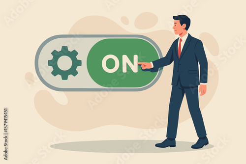 Businessman Activates On Switch Button, Startup Launch, New Business Beginning, Settings Preference, Change Management, Paradigm Shift, Leadership, Innovation Concept