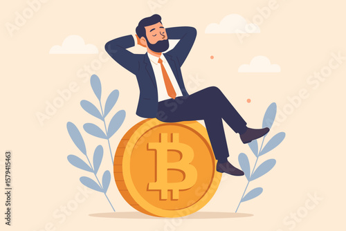 Relaxed businessman sitting on giant Bitcoin coin symbolizing cryptocurrency investment success, financial freedom, passive income, wealth growth, digital currency, fintech prosperity