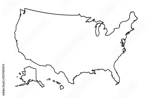 Blank Outline Map of United States of America with Alaska and Hawaii, Simple Black Line Drawing, Vector Illustration, Isolated, Editable, Transparent Background, Contiguous USA, Geography, Education