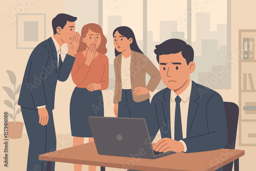 Office gossip and workplace bullying concept. Business people whispering, spreading rumors, talking behind colleague’s back, sharing misinformation, toxic work environment illustration
