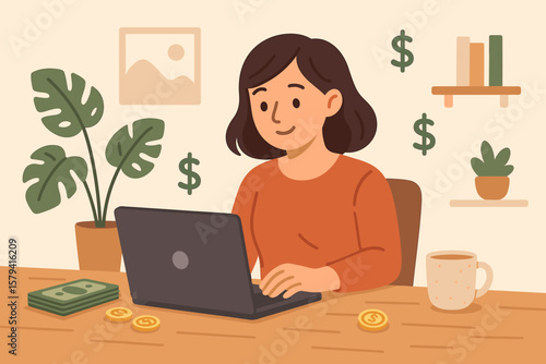 Woman working from home on laptop, making money online. Concept of remote work, freelance success, financial freedom, home office business, passive income, and digital nomad.