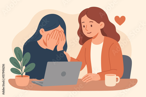 Compassion and empathy concept. Woman comforting crying friend. Mental health support. Friendship and helping hand. Psychologist therapy session for depression and anxiety.
