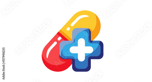 Medical Action with Pill and Cross Symbol in Graphic Design for Health Awareness