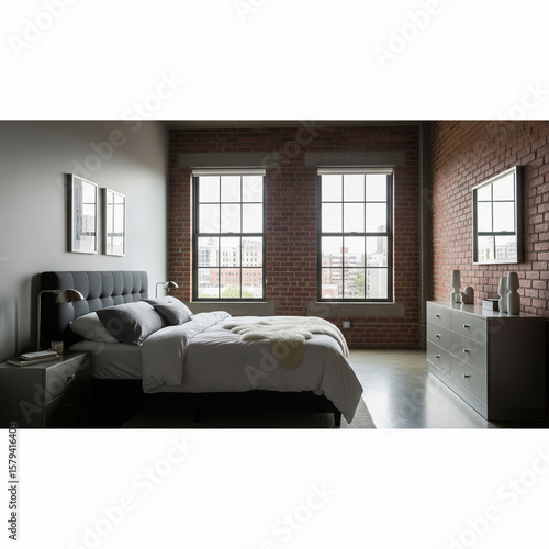 Side view of loft gray master bedroom