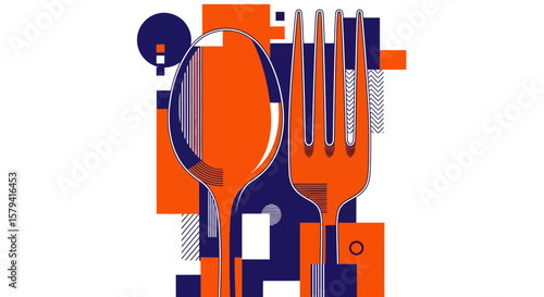 Spoon and Fork Design on Abstract Background, Graphic Illustration, Modern Kitchen Environment, Vibrant Colors