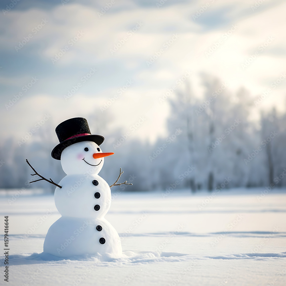 Obraz premium Charming snowman with a top hat standing happily in a snowy landscape with bright skies and frosted trees background.
