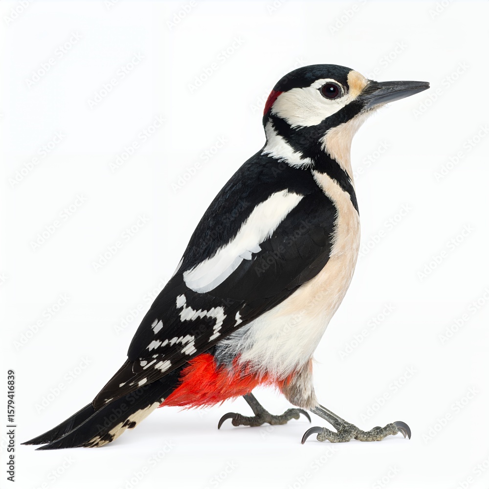 Obraz premium Great spotted woodpecker perched gracefully, showcasing its vibrant plumage on white background