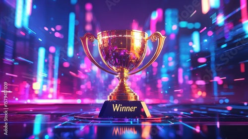 Golden Trophy Winner, Neon Cityscape Background