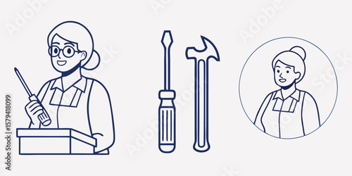 Woman with tools and pointer teacher screwdriver