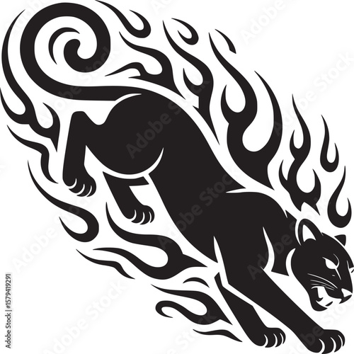 Stylized black panther leaping with flame like shapes surrounding it on a light background