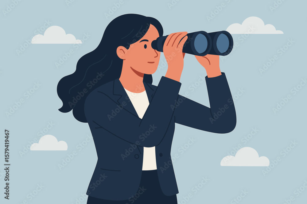 Business woman with binoculars searching for job. Concept of new opportunity, vision, looking far ahead for future success. Career observation and leadership exploration. Business woman with binoculars searching for job. Concept of new opportunity, vision, looking far ahead for future success. Career observation and leadership exploration.