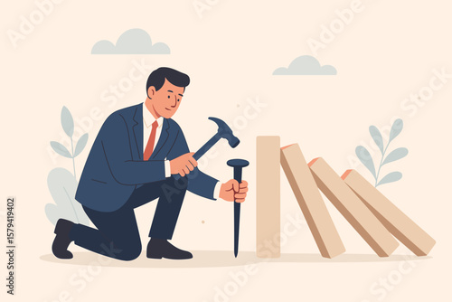 Business continuity, crisis management concept. Proactive disaster and risk prevention strategy. Businessman stopping domino effect. Solution to avoid danger and chain reaction.