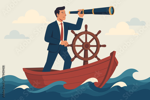Business leadership visionary concept. Businessman captain steering boat with helm, looking through spyglass. Metaphor for company success, career direction, and work achievement.