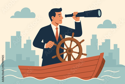Business leadership and visionary concept. Businessman boat captain looks for career direction and company success. Man at helm steering towards achievement and work goals.