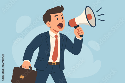 Businessman shouting in megaphone vector illustration. Concept for business announcement, marketing, promotion. Leader with bullhorn speaking loud. Man drawing attention. Loudspeaker.