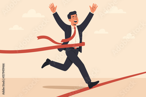 Businessman winning a race, celebrating victory at the finish line. Concept of business success, achievement, skill, and effort to succeed in work, motivation to win.