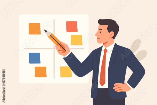 Businessman prioritize work for project management, sorting important, urgency tasks. Organize, plan for success. Time management with Eisenhower matrix. Decision making.
