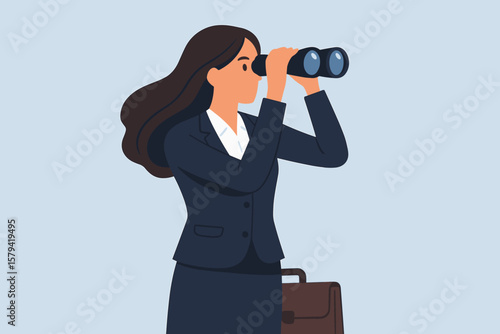 Business woman with binoculars searching for new job or career opportunity. Business vision, looking ahead for future success. Observation, exploration and job hunting concept.