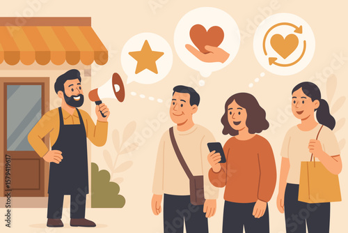 Customer loyalty and retention marketing strategy. Store owner with megaphone announces rewards. CRM for sales increase and satisfaction. Return customer and client relationship.